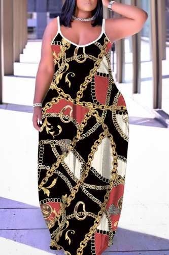 Dark Apricot Graphics Print Backless Spaghetti Strap Floor Length Vacation Baggy Sundress Slip Maxi Dress