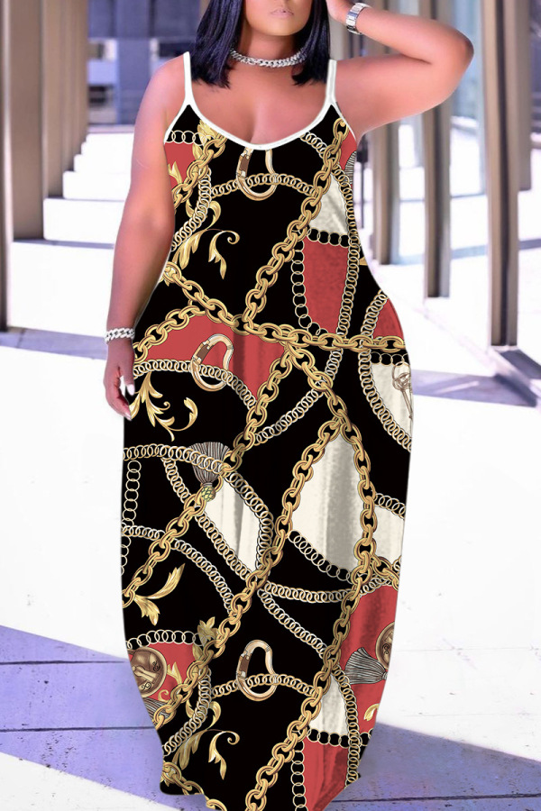 Dark Apricot Graphics Print Backless Spaghetti Strap Floor Length Vacation Baggy Sundress Slip Maxi Dress