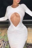 White Hollow Out O Neck Long Sleeve Long Formal Evening Party Ruched Bodycon Maxi Dress