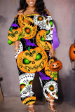 Multicolor Halloween Pumpkin Skull Print Off Shoulder Lantern Sleeve Casual Harem Leg Jumpsuits