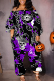 Multicolor Halloween Pumpkin Skull Print Off Shoulder Lantern Sleeve Casual Harem Leg Jumpsuits