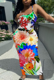 White Floral Print Sleeveless Backless Spaghetti Strap U Neck Vacation Bodycon Maxi Slip Dress