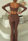 Brown Casual Backless Long Sleeve Hollow Out Halter Crop Tops And Flare Leg Pants Two Pieces Trouser Sets