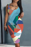 Dark Blue Casual Graphics Print U Neck Sleeveless Vacation Bodycon Midi Tank Dress