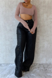 Black Backless U Neck Long Sleeve Slim Fitted Crop Tops