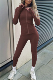 Brown Zipper Collar Long Sleeve Jackets And Skinny Sweatpants Casual Sportswear Two Pieces Jogger Sets