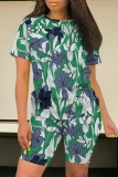 Orange Brown Casual Foral Print O Neck Short Sleeve Oversize T-shirt And Shorts Two Pieces Shorts Sets