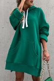 Khaki Casual Long Sleeve Draw String Pocket Fall Winter Long Hooded Sweatshirt