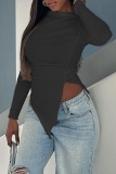 White Casual Long Sleeve O Neck Side Slit Irregular Hem Tops