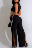 Black Casual Stripe Print High Waist Side Slit Sportwear Wide Leg Pants