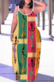 Black Graphics Print Backless Spaghetti Strap Floor Length Vacation Baggy Sundress Slip Maxi Dress