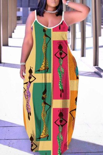 Black Graphics Print Backless Spaghetti Strap Floor Length Vacation Baggy Sundress Slip Maxi Dress