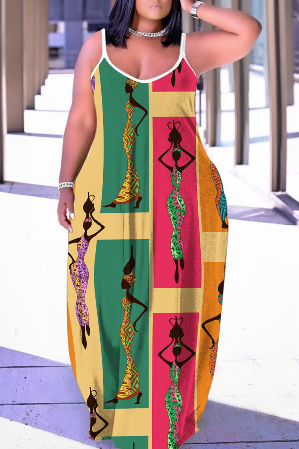 Black Graphics Print Backless Spaghetti Strap Floor Length Vacation Baggy Sundress Slip Maxi Dress