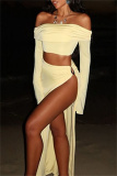 Black Off Shoulder Long Sleeve Crop Tops And Side Slit Maxi Skirt Formal Evening Party Two Pieces Dress Sets