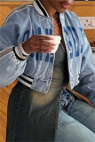 Blue Casual Letters Print Long Sleeve Denim Crop Jackets
