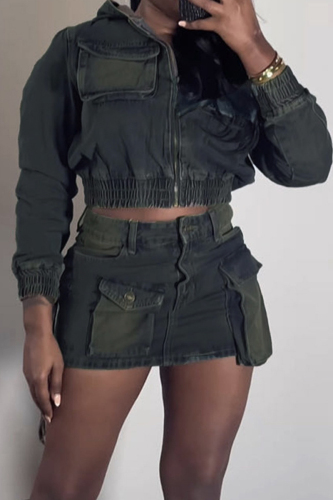Blue Street Zipper Collar Long Sleeve Pocket Denim Crop Jackets And Cargo Mini Skirt Two Pieces Dress Sets