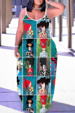 Black Graphics Print Backless Spaghetti Strap Floor Length Vacation Baggy Sundress Slip Maxi Dress