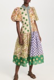 Multicolor Casual Print Turndown Collar Puff Sleeve Vacation A Line Pleated Midi Dresses