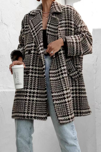 Black Casual Plaid Print Weave Turn-back Collar Cardigan Woolen Coat