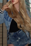 Blue Casual Letters Print Long Sleeve Denim Crop Jackets