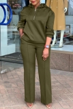 Army Green Casual Long Sleeve Hooded Sweatshirt And Pants Sportwear Plus Size Two Piece Jogger Set