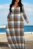 Dark Blue Casual Plaid Letter Print Flowers Pocket V Neck Long Sleeve Floor Length Maxi Dresses