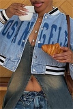 Blue Casual Letters Print Long Sleeve Denim Crop Jackets