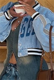 Blue Casual Letters Print Long Sleeve Denim Crop Jackets