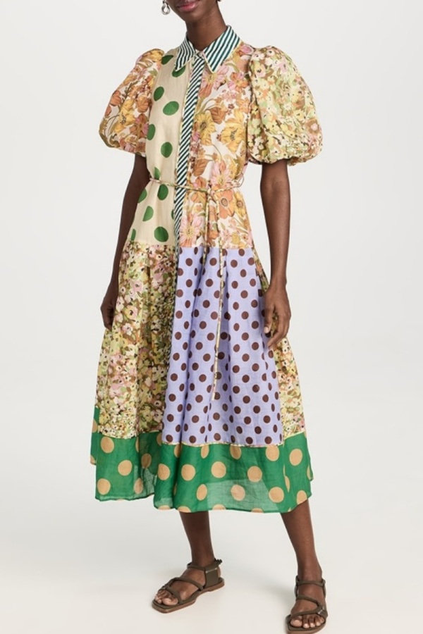 Multicolor Casual Print Turndown Collar Puff Sleeve Vacation A Line Pleated Midi Dresses