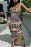 White Floral Print Sleeveless Backless Spaghetti Strap U Neck Vacation Bodycon Maxi Slip Dress