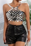 Silver Chains Sleeveless Backless Spaghetti Strap Nightclub Sequin Cami Crop Vest Top