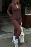 Brown Zipper Collar Long Sleeve Jackets And Skinny Sweatpants Casual Sportswear Two Pieces Jogger Sets