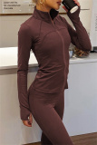 Brown Zipper Collar Long Sleeve Jackets And Skinny Sweatpants Casual Sportswear Two Pieces Jogger Sets