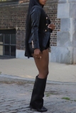 Black Casual Turn-back Collar Long Sleeve Buttons Crocodile Leather Jacket