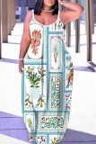 Black Graphics Print Backless Spaghetti Strap Floor Length Vacation Baggy Sundress Slip Maxi Dress