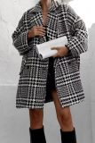 Black Casual Plaid Print Weave Turn-back Collar Cardigan Woolen Coat