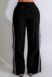 Black Casual Stripe Print High Waist Side Slit Sportwear Wide Leg Pants