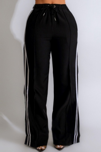 Black Casual Stripe Print High Waist Side Slit Sportwear Wide Leg Pants