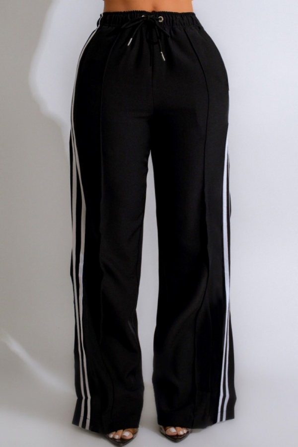 Black Casual Stripe Print High Waist Side Slit Sportwear Wide Leg Pants