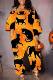 Orange White Casual Halloween Pumpkin Skull Print Off Shoulder Lantern Sleeve Harem Leg Jumpsuits