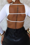 Black Backless U Neck Long Sleeve Slim Fitted Crop Tops