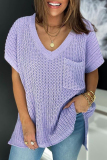 White Casual V Neck Short Sleeve Hollowed Out Pocket Knitted Crochet T-shirt