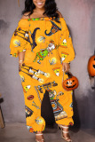 Orange White Casual Halloween Pumpkin Skull Print Off Shoulder Lantern Sleeve Harem Leg Jumpsuits