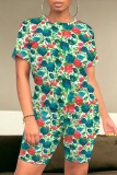 Orange Brown Casual Foral Print O Neck Short Sleeve Oversize T-shirt And Shorts Two Pieces Shorts Sets