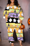 Multicolor Halloween Pumpkin Skull Print Off Shoulder Lantern Sleeve Casual Harem Leg Jumpsuits