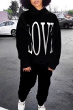 Black Letter Print Long Sleeve Hooded  Sweatshirt And Pants Casual Sportwear Two Piece Jogger Set