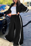 Black Zipper Collar Long Sleeve Jackets And Wide Leg Pants Sportwear Casual Two Pieces Trouser Sets