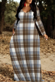 Dark Blue Casual Plaid Letter Print Flowers Pocket V Neck Long Sleeve Floor Length Maxi Dresses