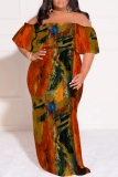 Green Casual Floral Print Off Shoulder Flutter Sleeve Long Loose Vacation Plus Size Maxi Dresses