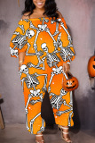 Orange White Casual Halloween Pumpkin Skull Print Off Shoulder Lantern Sleeve Harem Leg Jumpsuits